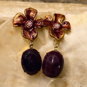 50 Carats Raw Ruby In Handpainted Red Flowers In Chunky Gold Plated Earrings